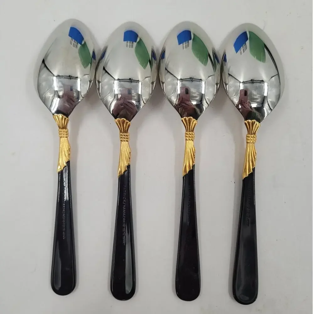 Yamazaki 18/8 Stainless LINDI Black Handle GOLD‎ Accent Vintage 4 Teaspoons